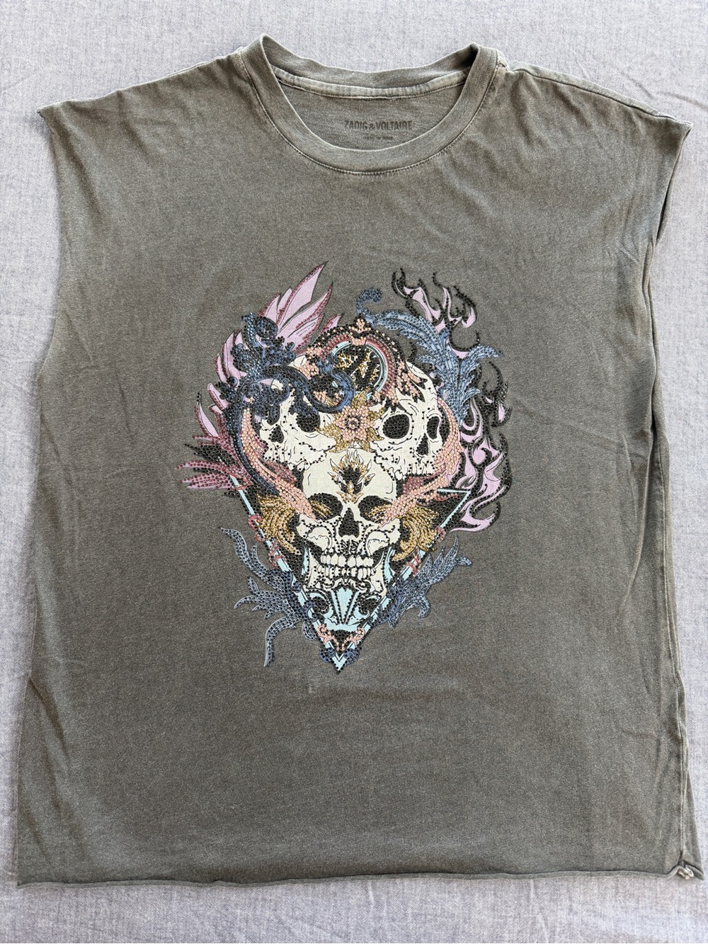 Zadig and Voltaire Gray Muscle Tee with Rhinestones Skull Design